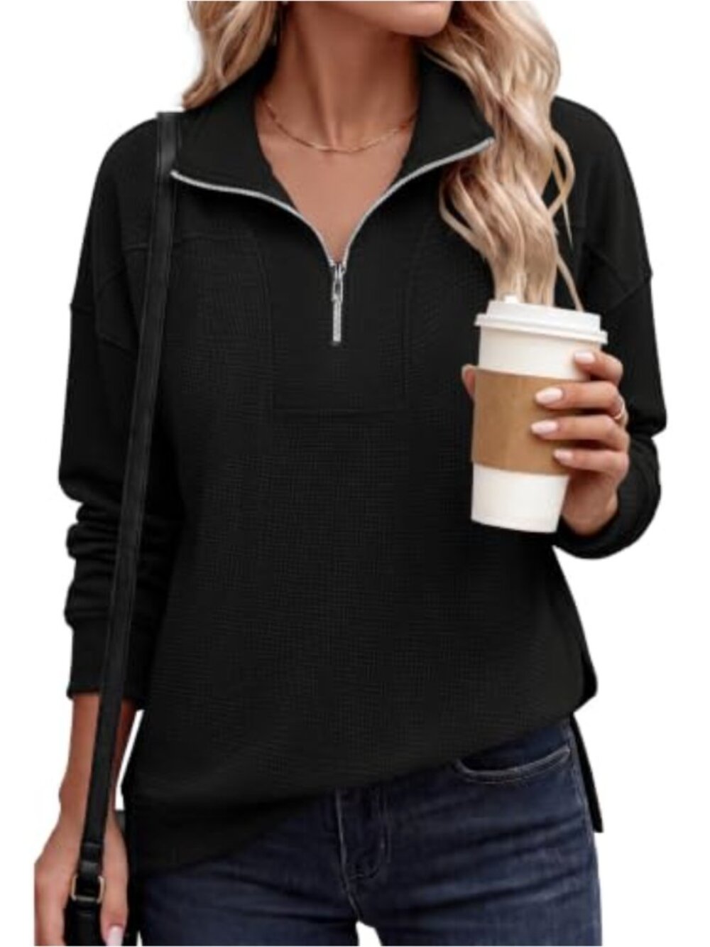Quarter Zip Waffle Knit Sweatshirt Loose Fit Long Sleeve Pullover